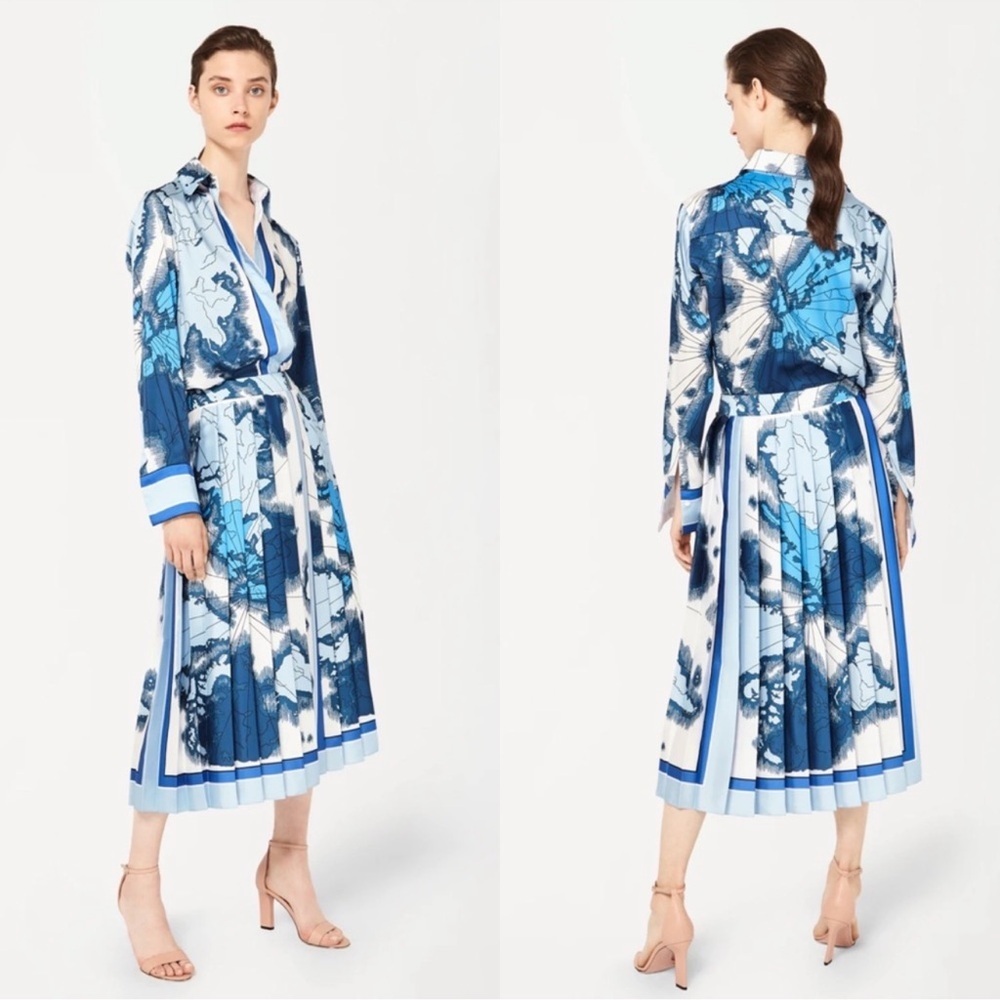 VICTORIA by Victoria Beckham Map Print Button Down Shirt Blue White Pucci Sz 2